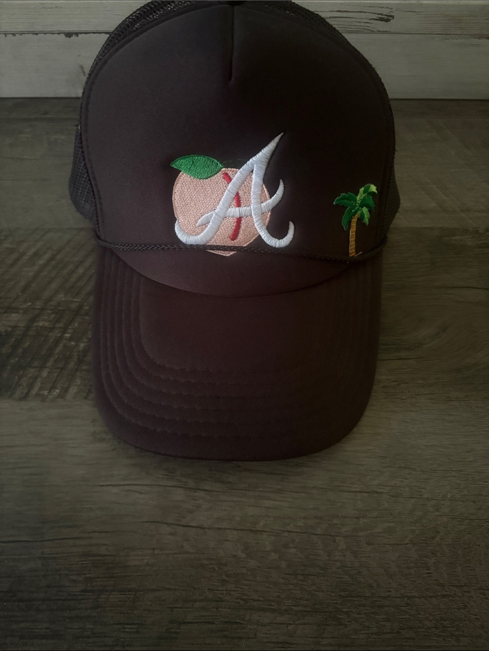 Black Trucker Hat with Peach & Palm Embroidery Atlanta